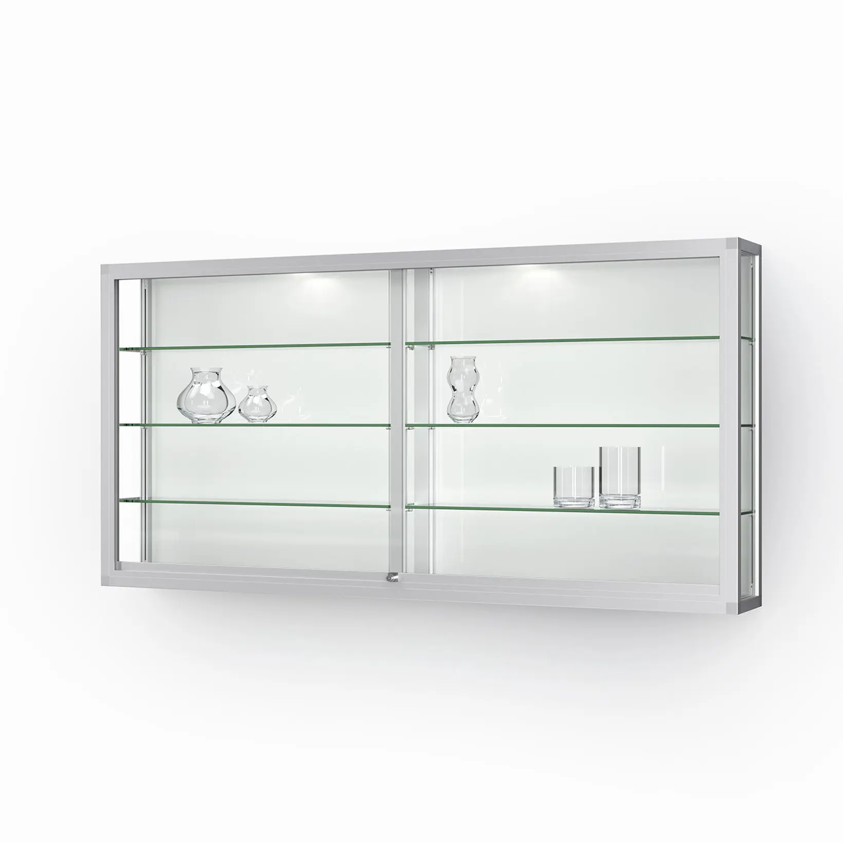 Vitrine, Schrankwand, Glasregal, Aluminiumrahmen, LED-Beleuchtung